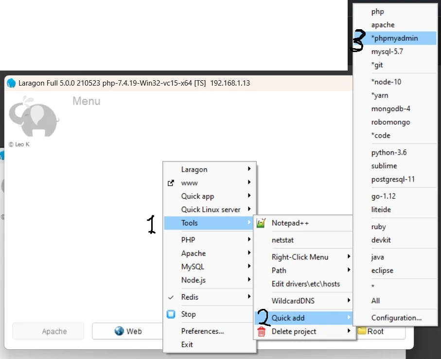 memanggil phpmyadmin di laragon memilih menu laragon