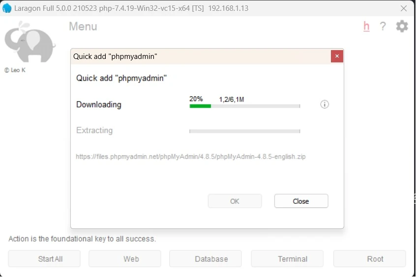 prograss download phpmyadmin di laragon dari menu