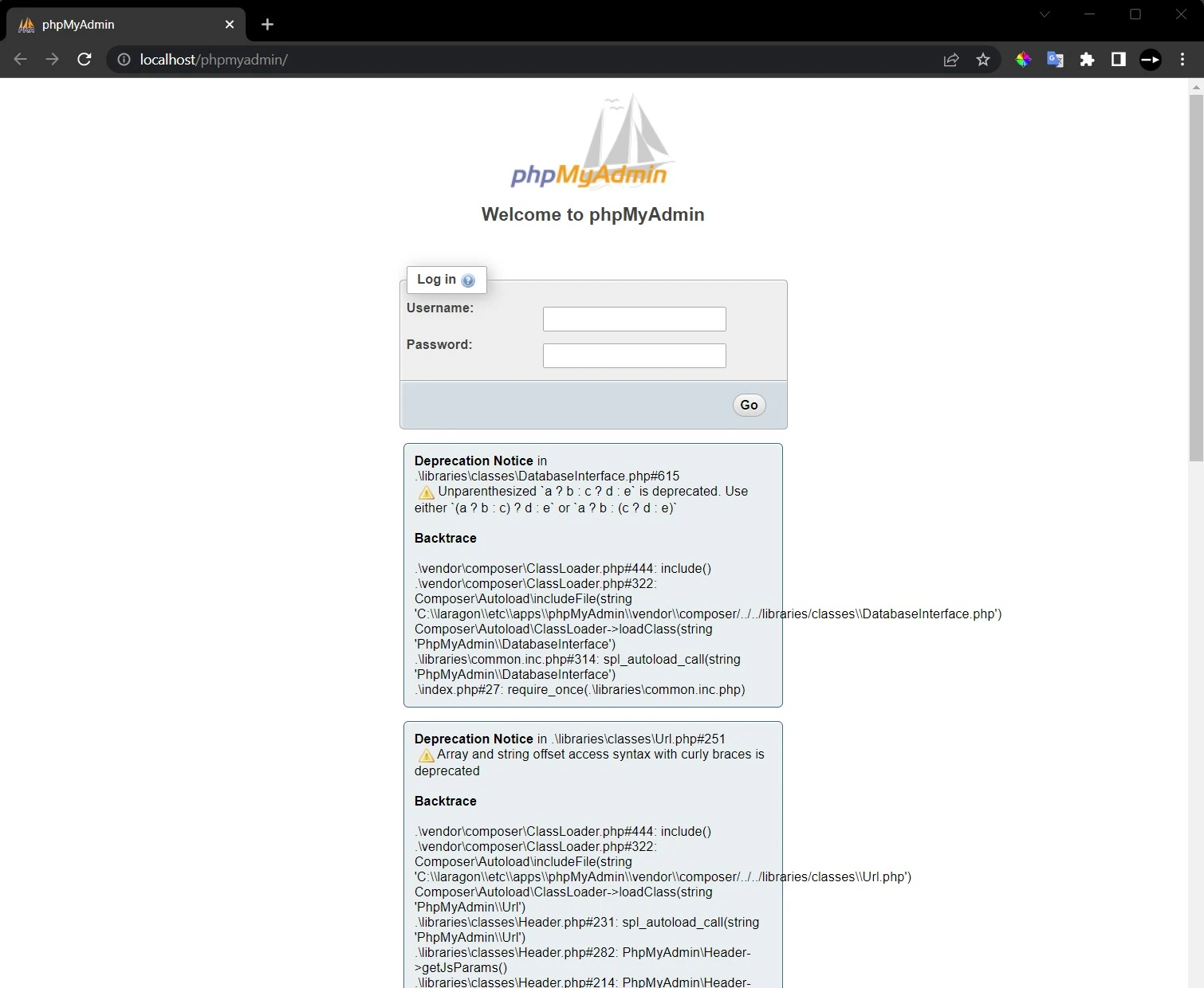 di browse sudah muncul phpmyadmin dari laragon menu
