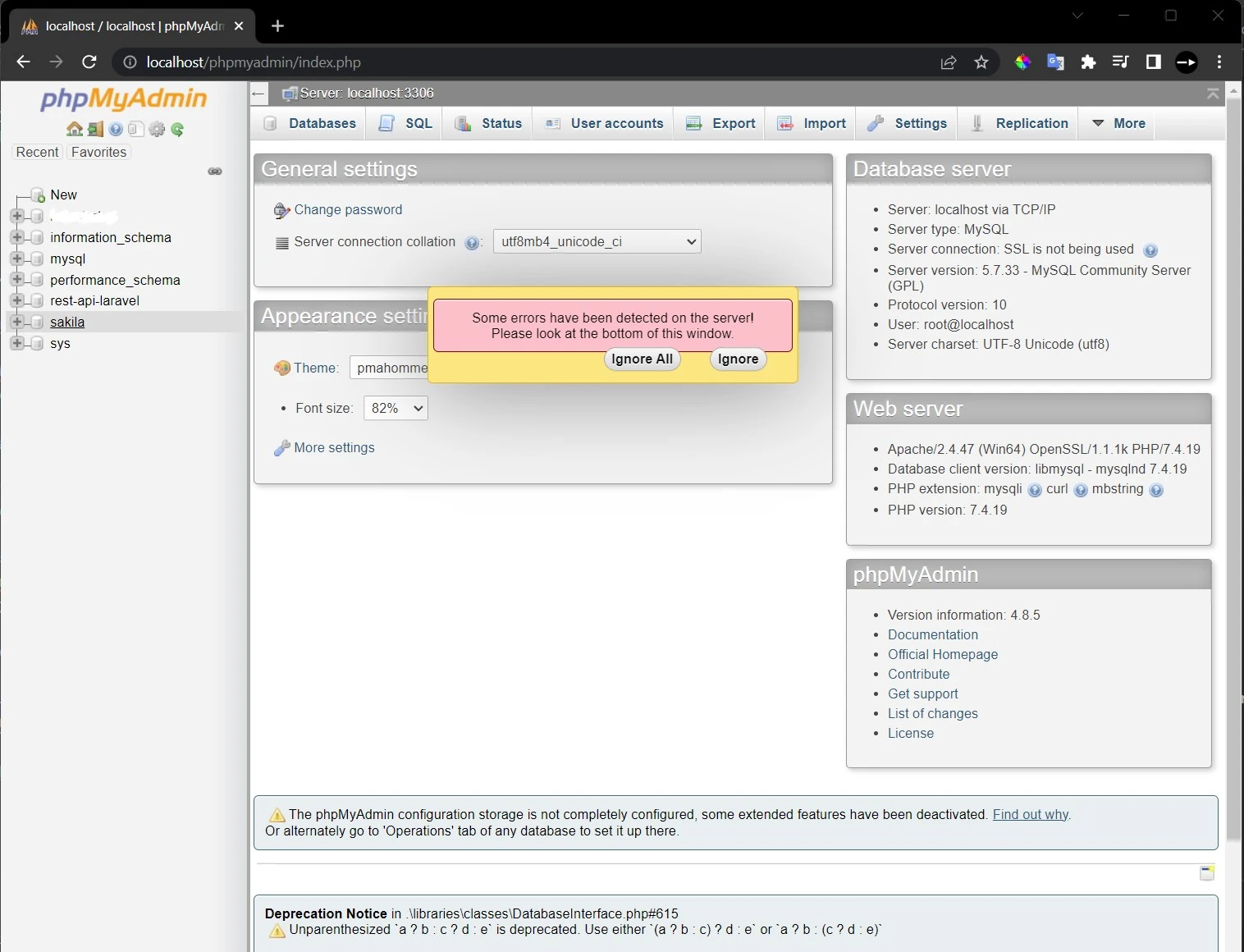 di browse sudah muncul phpmyadmin dari laragon menu tapi ada error