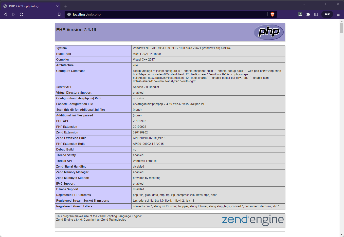 php info localhost windows