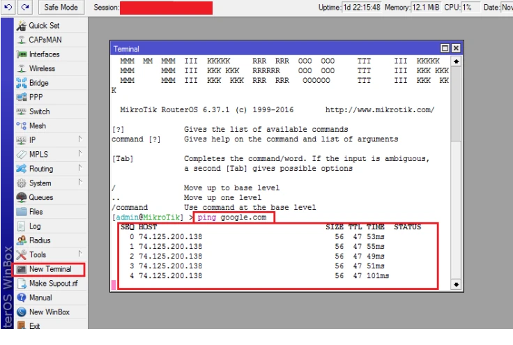 cara ping google di mikrotik dengan terminal