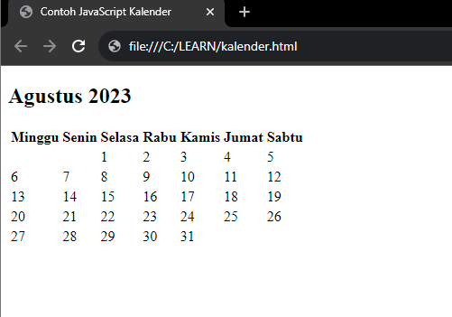 Contoh JavaScript Kalender