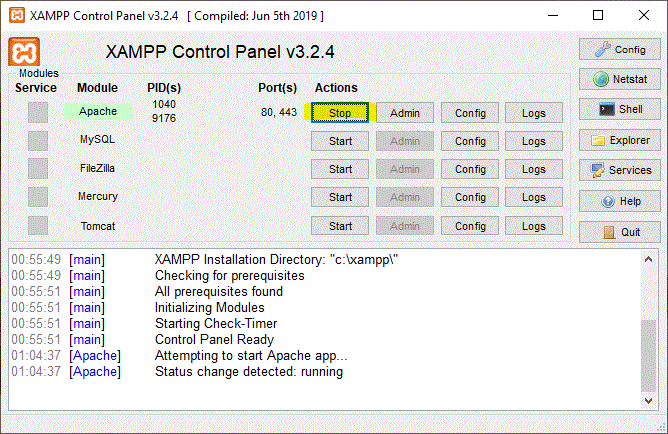 tampilan xampp berhasil diinstal