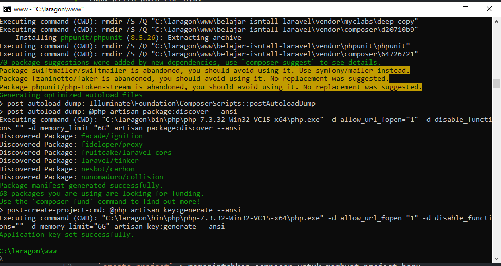 psroses instalasi laravel di composer selesai