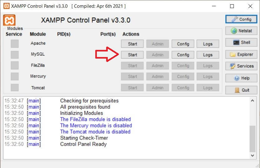 klik start mysql controll panel xampp
