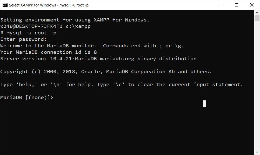 shell mariadb mysql di xampp