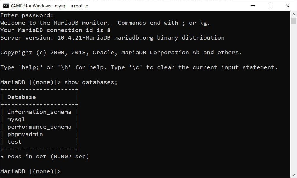 show databases mariadb mysql di xampp