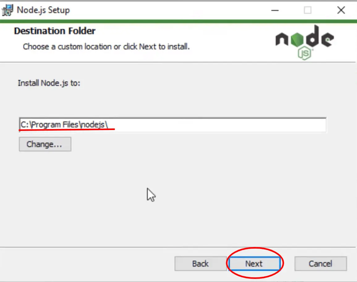 memilih folder install NodeJS