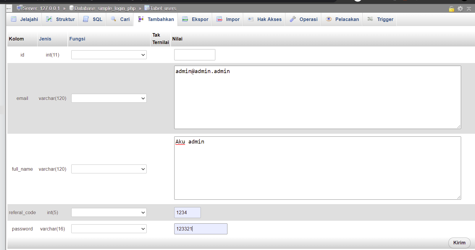 insert data tabel di phpmyadmin